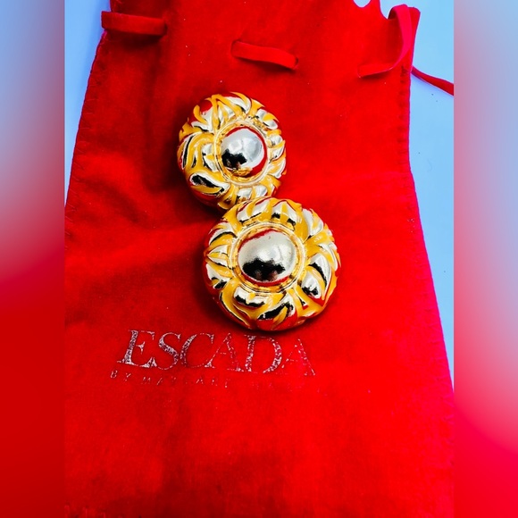Escada Jewelry - ESCADA 1980s Rare Vintage Goldtone Button Disc Clipon Signed Earrings & Dust Bag